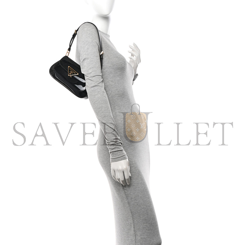 Pra*a vernice triangle logo flap adjustable strap shoulder bag black 1bd355 (24*11*4cm)